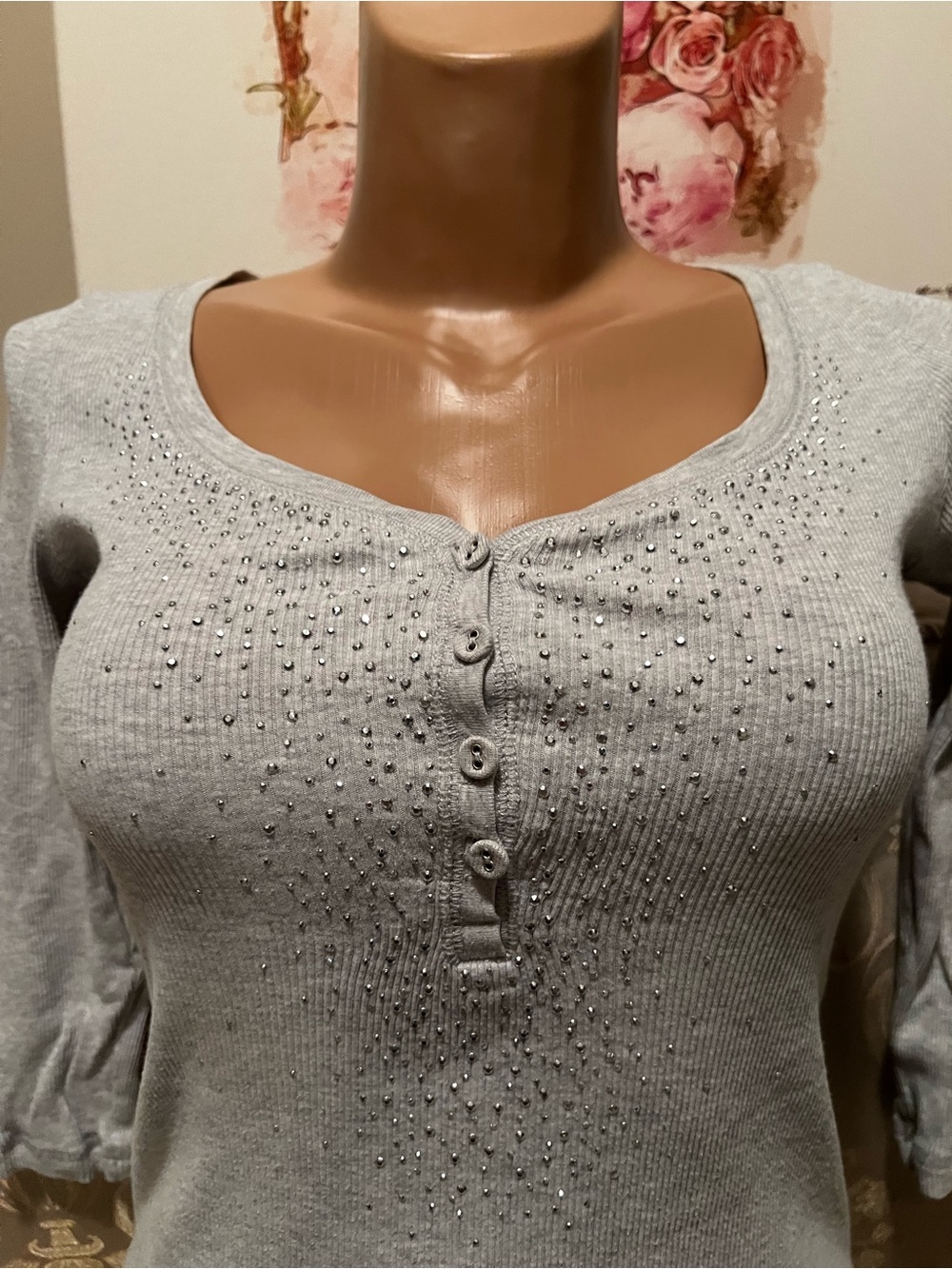 Light Gray Ribbed Top with Delicate Rhinestones & Beads - Picture 2 of 4